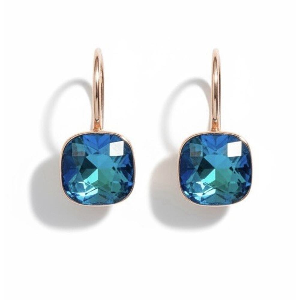 Bermuda Blue Aqua Cushion Cut Crystal Gold Plated Drop Earrings Rose Gold